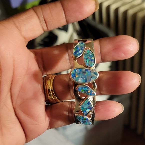 Whitney Kelly Sterling Silver Mosaic Inlay Blue Fire Opal Stone Cuff Bracelet - Picture 2 of 6